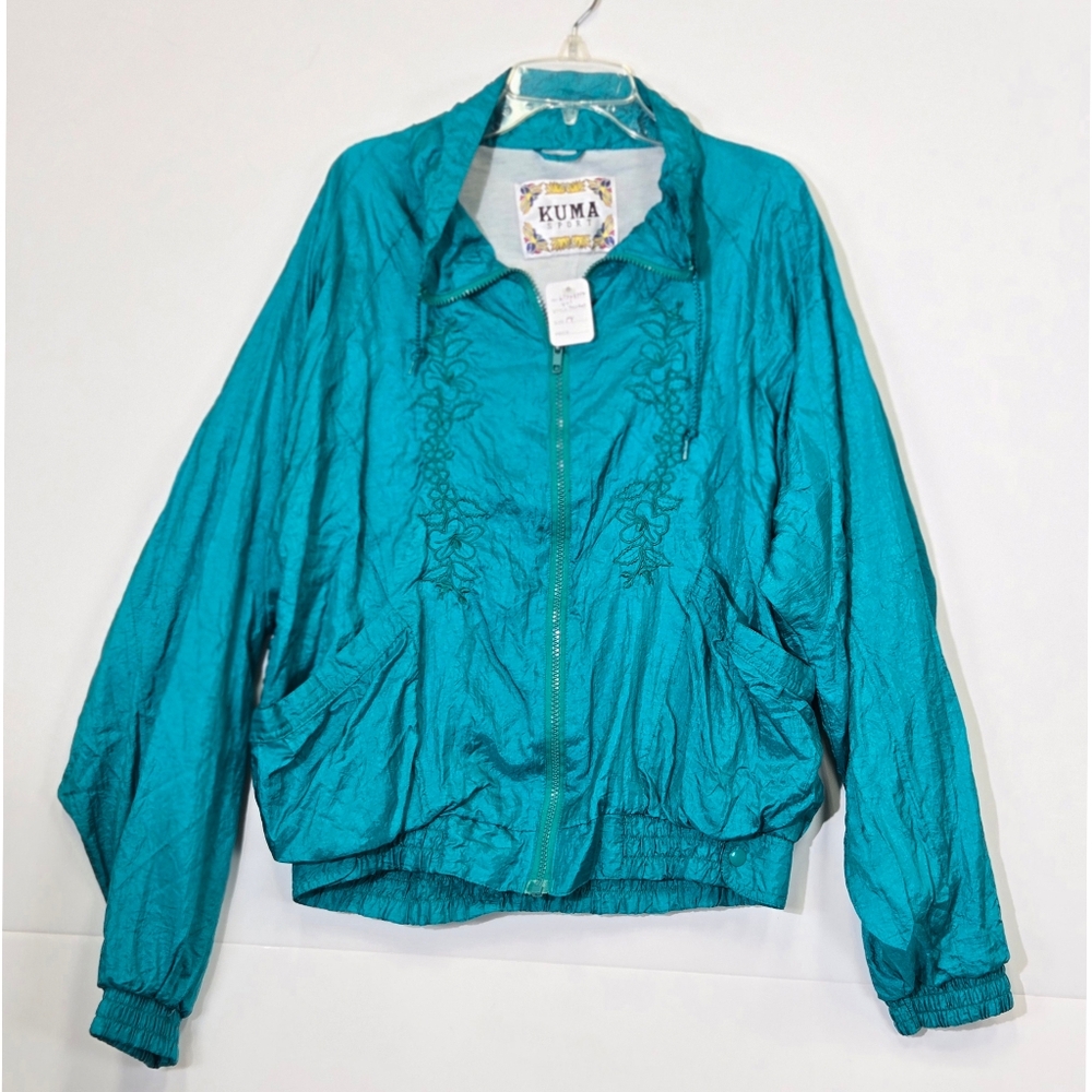 Kuma Sport Vintage 80s 90s Teal Blue Embroidered Windbreaker Jacket sz M